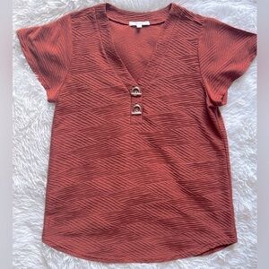 89th & Madison Terracotta Textured V-Neck Blouse